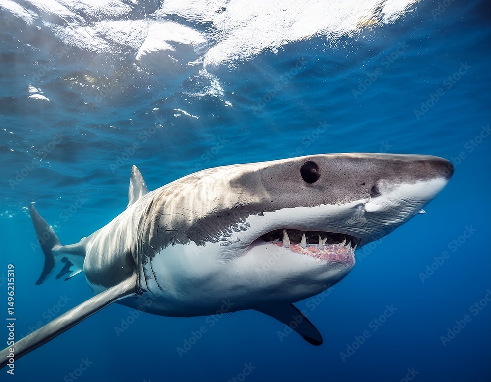 Naklejka premium close up of a great white shark swimming underwater in clear blue ocean with a focus on the shark s face and sharp teeth