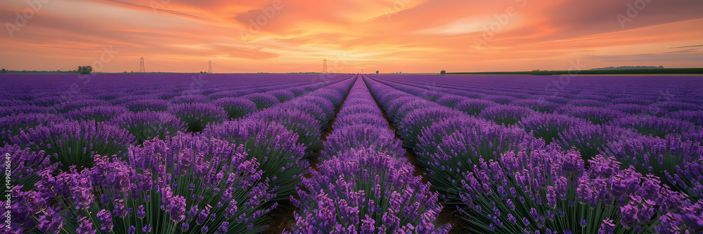 Fototapeta premium Serene Sunset over Lavender Fields A Breathtaking View