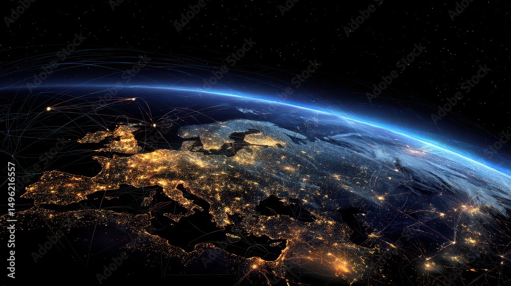 Obraz premium A Stunning View of Europe from Space at Night with Glowing City Lights and Starry Sky Depicting Urban Expansion and Connectivity of the Continent