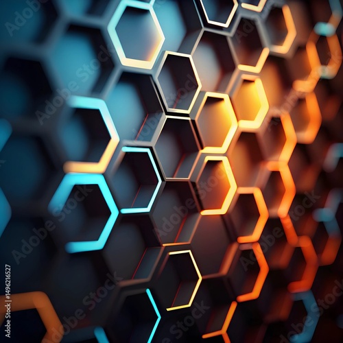 Abstract Hexagon Pattern with Glowing Orange and Blue Lines