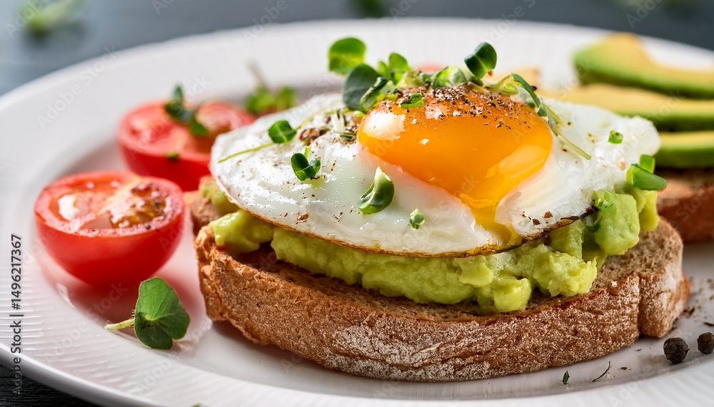 a close up of an egg and avocado toast with a sprinkle of cheese and herbs served with tomatoes on a white plate a close up of an egg and avocado toast with a sprinkle of cheese and herbs served with tomatoes on a white plate