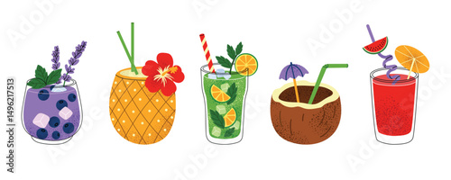 Collection of tropical summer cocktails in flat vector style. Colorful refreshing drinks with fruits, herbs and ice: blueberry, pineapple, mojito, coconut and watermelon. Isolated on white background.