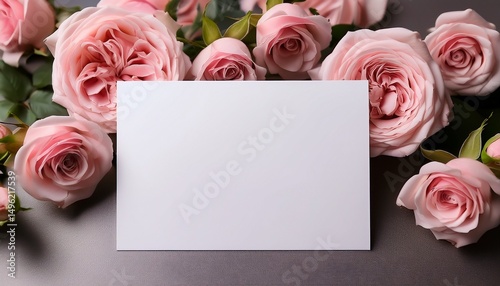 blank card mock up on the background with pink roses
