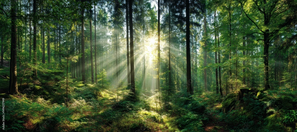 Obraz premium Sunbeams Illuminate Lush Green Forest