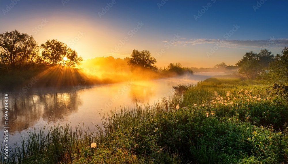 Fototapeta premium a misty river with the sun rising in the distance casting a golden glow over the water