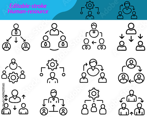 A human resource icon set includes vector illustrations of concepts like recruitment, employee management, teamwork, resumes, interviews, training, and performance evaluation, ideal for corporate.