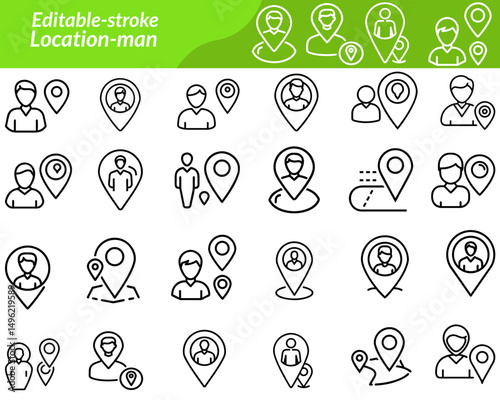 A location-man icon set includes vector illustrations that combine human figures with location symbols such as map pins, GPS markers, navigation paths, and geolocation tags.
