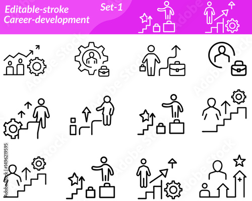 A career development icon set features vector illustrations representing growth and advancement, including goal setting, skill building, training, mentorship, job search, resumes, and promotions.