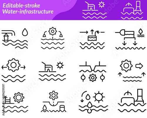 A water infrastructure icon set features vector illustrations of systems like dams, pipelines, water towers, treatment plants, pumps, valves, and reservoirs, ideal for environmental projects.