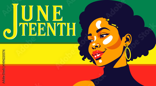 Juneteenth. Freedom day. Annual american holiday, celebrated in June 19. African-American history. Pop art vector poster with young black independent woman