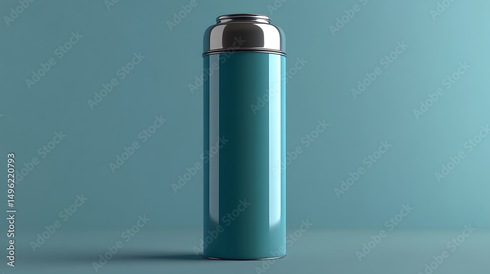 A render of a blue metal thermos container on a blue background A render of a blue metal thermos container on a blue background