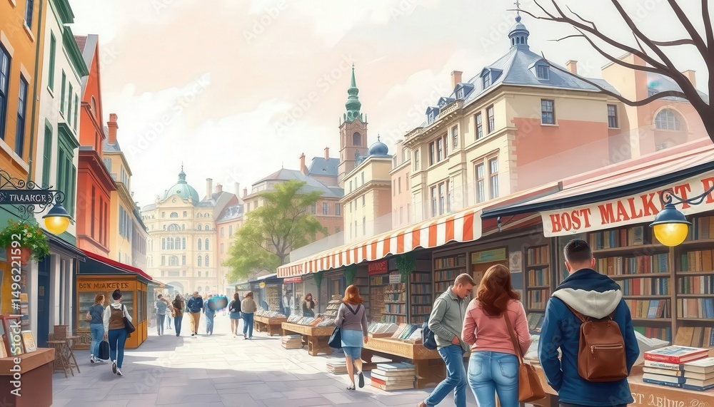 Fototapeta premium Charming European Book Market Street Scene