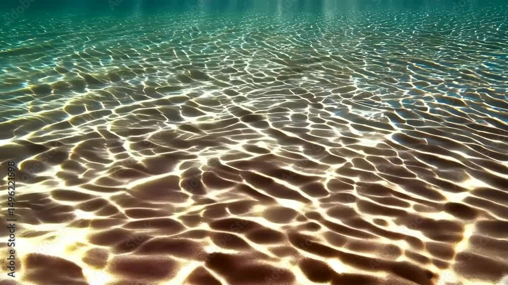 Shallow turquoise ocean water ripples and refracts sunlight onto sandy bottom creating abstract patterns