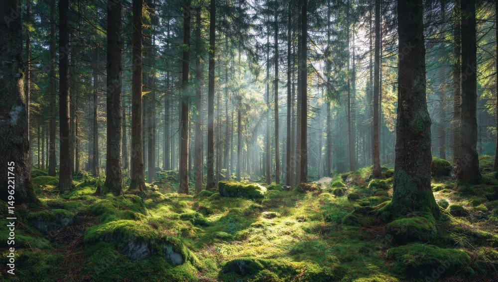 Obraz premium Sunlit Forest Path: Lush Green Canopy and Mossy Ground