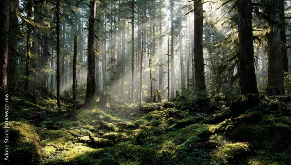 Fototapeta premium Sunlit Forest Path: Lush Green Canopy and Mossy Undergrowth