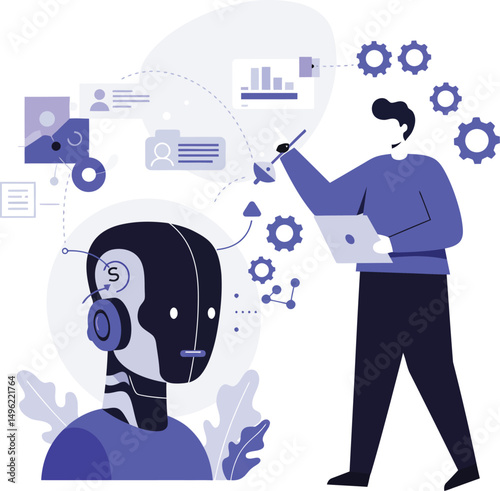 Artificial intelligence robot and programmer analyzing data with laptop technology and communication interface vector illustration 