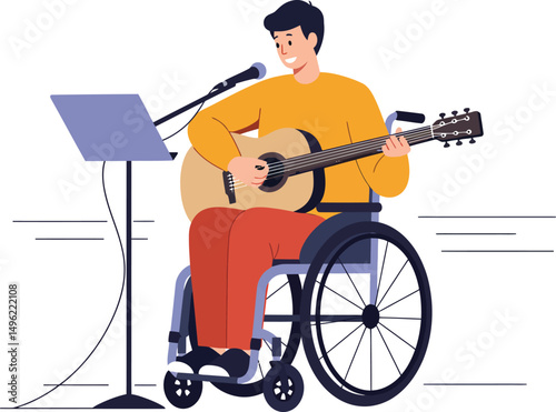 Man in wheelchair playing acoustic guitar and singing with microphone and music stand illustration vector 