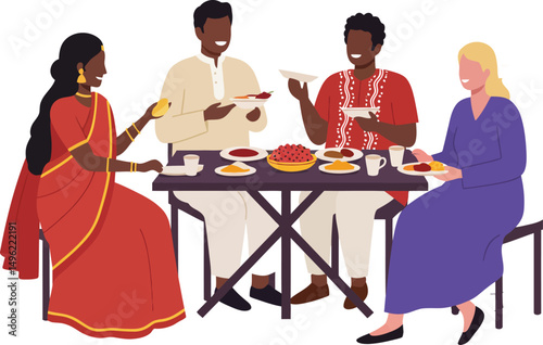 Diverse group of people enjoying a meal together at a table in a friendly social gathering illustration 