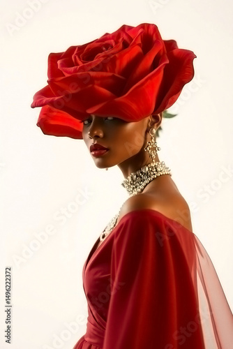 Stunning Fashion Portrait Woman in Red Dress with Giant Rose Hat