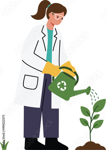 Female scientist watering young plant with green recycling symbol watering can environmental research vector illustration 
