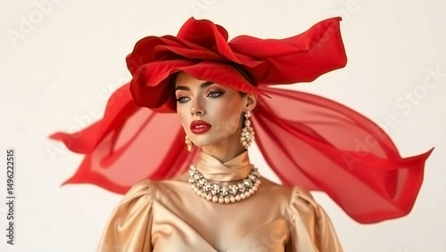Elegant Woman in Red Hat and Pearl Necklace Fashion Photography