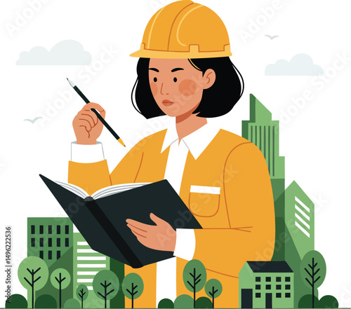 Female architect in yellow hard hat reviewing building plans in urban cityscape illustration vector 