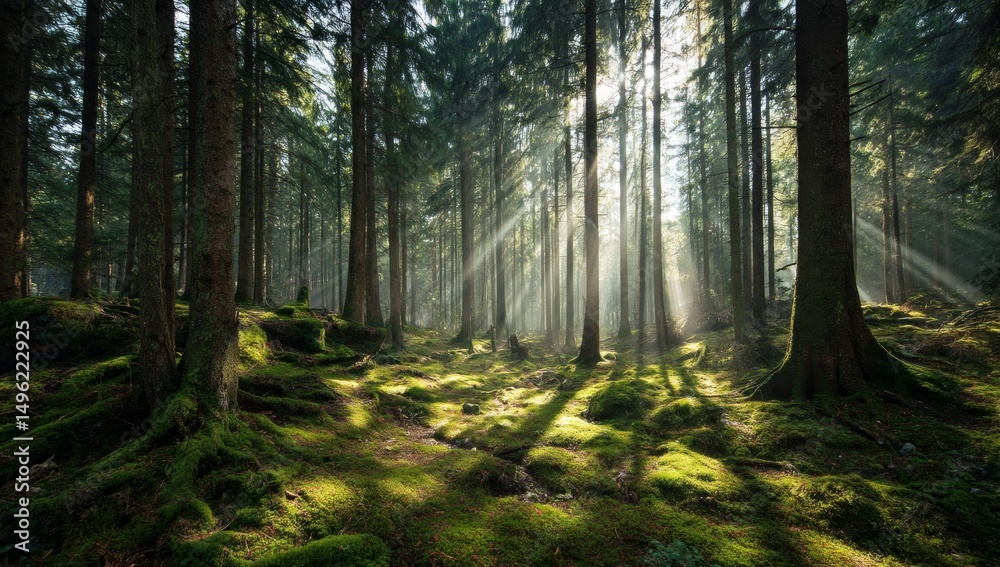Fototapeta premium Sunlit Forest Path: Mossy Ground and Sunlight Beams