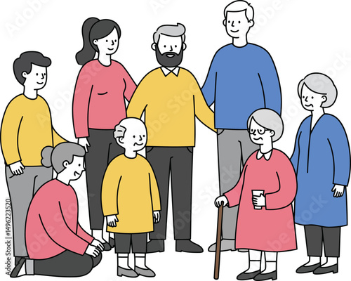 Diverse family group together with multigenerational members wearing colorful casual clothes vector illustration 