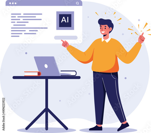 Young man pointing at artificial intelligence code on screen with laptop and books vector illustration 