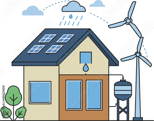 Sustainable house with solar panels and wind turbines for eco friendly energy generation and rainwater harvesting vector illustration 