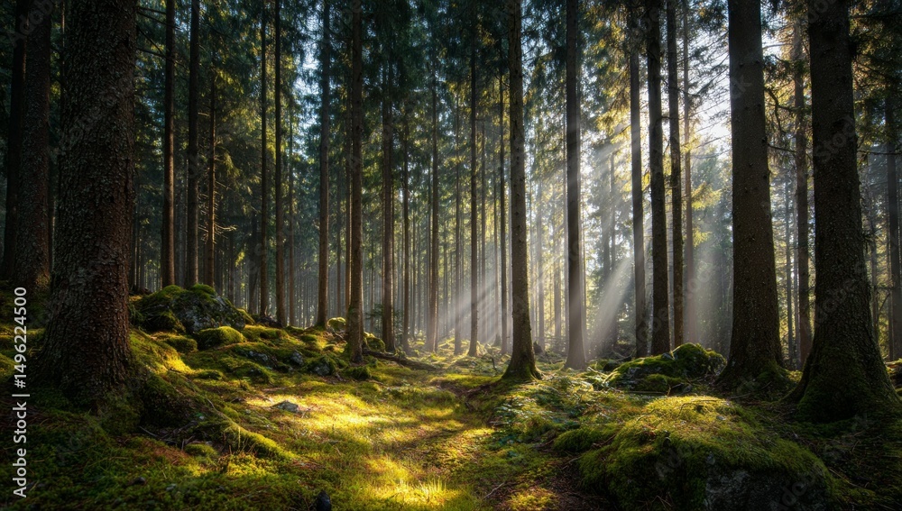 Obraz premium Sunlit Forest Path with Mossy Ground