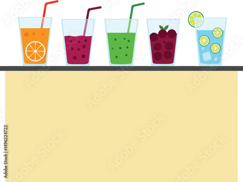 Variety of colorful fruit juice drinks with straws on bar counter vector illustration 