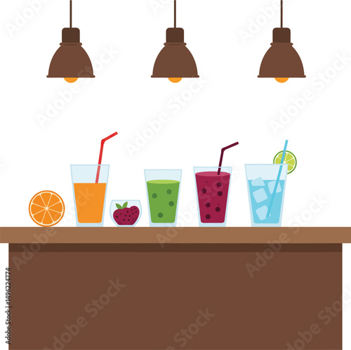 Colorful fresh fruit juices with straws and sliced fruits on wooden bar counter with hanging lamps vector illustration 