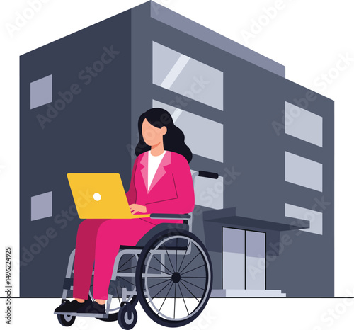 Woman in wheelchair using laptop outside modern office building in urban business environment vector illustration 