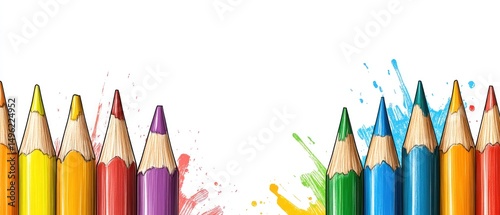 Colorful pencils with paint splashes; creative art; education