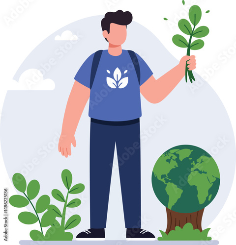 Young man holding plant sprig with earth globe tree stump environmental protection vector illustration 