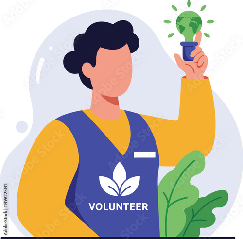 Volunteer holding green light bulb symbolizing eco friendly ideas and environmental awareness in vector illustration 