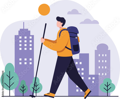 Urban hiker walking with backpack and trekking pole in cityscape background outdoor activity illustration 