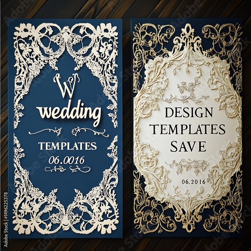 Ornate wedding invitations or save-the-date design templates.