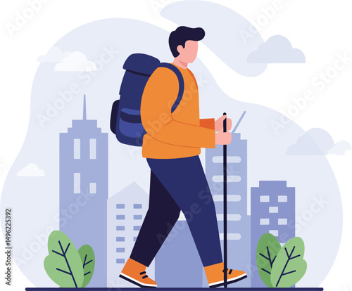 Male hiker with backpack and walking stick trekking in urban environment vector illustration 