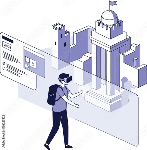 Virtual reality user exploring digital museum with historic monument and castle in augmented environment vector illustration 