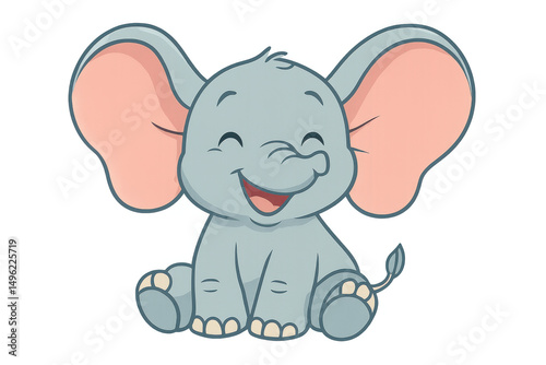 Playful cartoon elephant sitting, giggling with joyful expression, transparent background, ideal for kids' media and graphic design