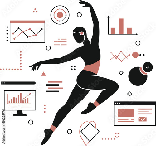 Female dancer silhouette performing ballet movements with business analytics charts background vector illustration 