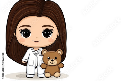 Cute cartoon girl doctor holding teddy, white background, for children's book illustration