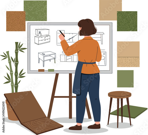 Female Interior Designer Creating Furniture Sketches in Studio with Natural Color Palette and Bamboo Plant