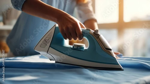 On wooden surface near bright window, with visible steam. Concept of cleanliness, routine and home care photo