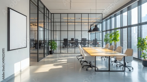 3D rendering of modern office interior with white wall poster mockup, glass meeting room, and clean minimalist workspace
