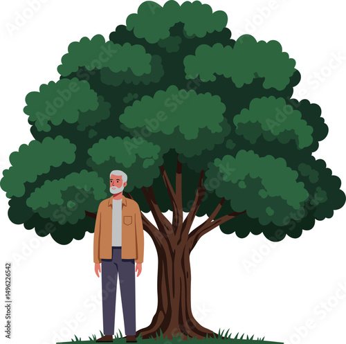 Elderly man standing near large green tree with thick foliage in peaceful nature scene vector illustration 