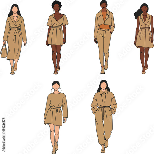 Diverse women wearing beige trench coats walking fashion vector illustration in casual autumn style outfits 