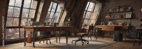 Rustic loft home office, vintage desk and chair, computer, loft
